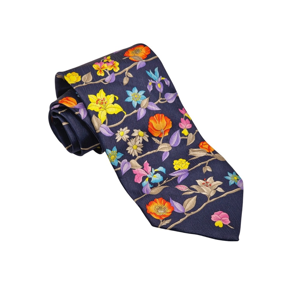 Leonard Paris Silk Tie Navy Blue Multi Floral Italy Luxury Designer Easter